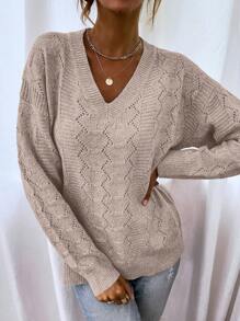 SHEIN LUNE Women Solid Color V-Neck Long Sleeve Casual Pullover Sweater