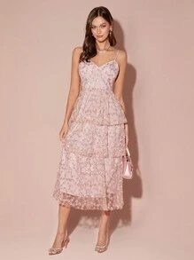 Enchnt Women's Pink V-Neck Mesh Embroidered Floral Waist With Cake Tiered Hem, Thin Sleeveless Waist And Elegant, Cute Long Spaghetti Strap Dress, French Spaghetti Strap Dress, Party, Date Spaghetti Strap Dress, Pastoral Spaghetti Strap Dress, Holiday, Fall Winter