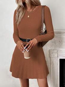 Chiquease Crew Neck Solid Color Fitted Elegant Long Sleeve Sweater Dress - Rust Brown - View 4