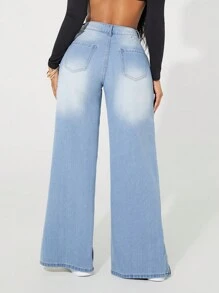 SHEIN SXY Women Casual Distressed Zip Up Flared Leg Jeans - Light Wash - View 3