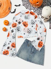 SHEIN VCAY Blusa holgada con mangas campana y estampado de calabazas para mujeres, ropa de Halloween