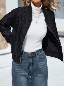 Aveloria Affinna 黑色美式复古休闲纹理印花拉链长袖罗纹撞色女式夹克外套 - 黑色 - 查看 4