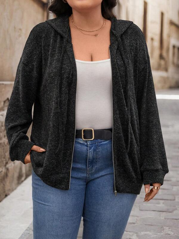 SHEIN LUNE Plus Size Casual Zip-Up Drawstring Hooded Sweatshirt, Autumn Plus Size Fall Clothes
