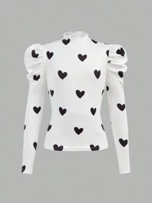 SHEIN Girlism 3 件装 Tween 女童休闲必备品立领荷叶边长袖心形印花修身 T 恤，适合秋冬季