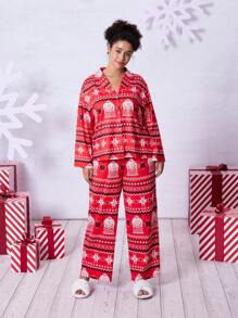 THE POLAR EXPRESS X SHEIN 大码女式圣诞节和新年夜落肩衬衫，配费尔岛、火车和雪花印花和裤子睡衣套装，秋冬 - 紅色 - 查看 5