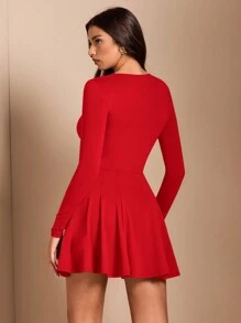 SHEIN BAE Váy suông tay dài cổ vuông màu mơ viền phồng bó sát, thích hợp làm lớp lót, váy mặc ngoài, váy phù dâu, váy dự tiệc mùa thu đông - Đỏ - Xem 2