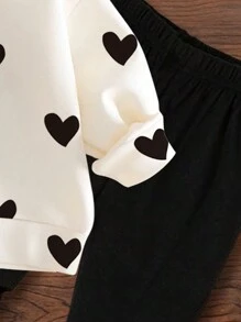 SHEIN 2 peças Conjunto de Moletom de Manga Longa Gola Redonda e Legging Casual e Doce com Estampa de Coração, Adequado para Meninas Jovens no Outono/Inverno para o Dia dos Namorados