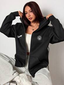 SHEIN EZwear 1pc Women Solid Color Knit Hooded Long Sleeve Loose Fit Sweatshirt - Black - View 5