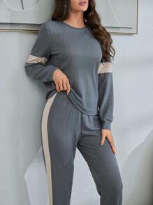 Lazeform Conjunto de sudadera y pantalones de estar en casa con bloqueo de color y empalme, estilo casual Ins para damas