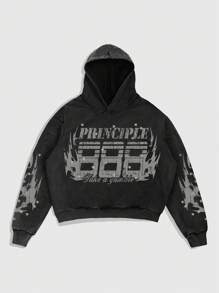 ROMWE MEN Street Life 男士休闲日常字母印花连帽运动衫，秋季 - 黑色 - 查看 1