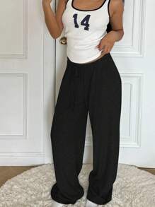 Muchica Women's Casual Heart Cartoon Bear Printed Drawstring Waist Long Pants Valentine Day - Black - View 5