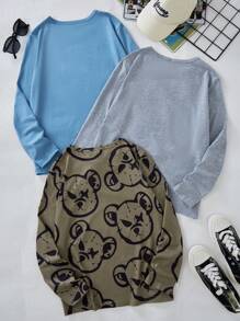 SHEIN Tween Boy 3pcs/Set Multi-Color Casual Cartoon Pattern Print Long Sleeve Cute Fun Bear Graphic T-Shirts - Multicolor - View 2