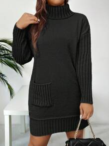 SHEIN LUNE Robe-pull casual à col roulé, manches longues, poches, couleur unie, grande taille, automne/hiver