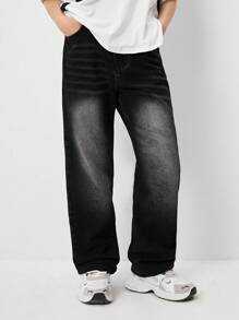 SHEIN Loose Fit Washed Black Denim Wide Leg Jeans For Teenage Boys - Black - View 5