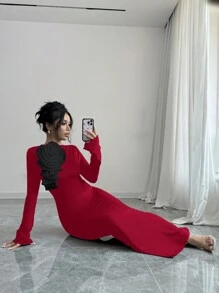 SHEIN Unity Women 3D Floral Decor Ruffle Stand Collar Bell Sleeve Fishtail Hem Fitted Long Dress - Burgundy - View 7