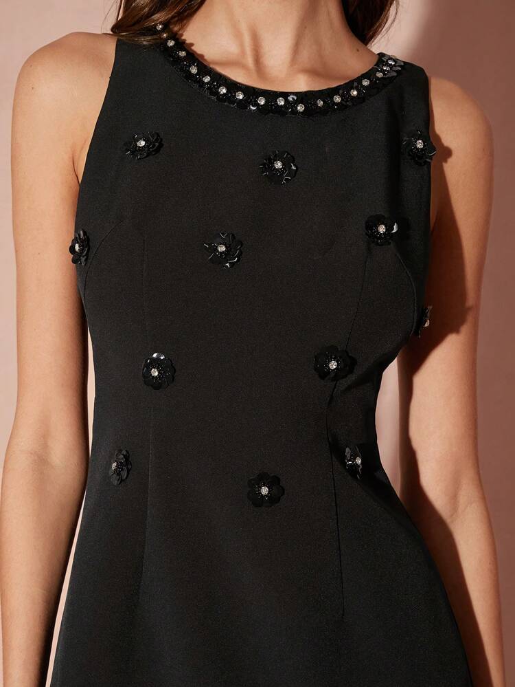 New Autumn Winter Products,Women's Rhinestone Decor Crew Neck Sleeveless Elegant Mini Dress, Fall Winter Women's Clothing, Winter Dress,For Halloween & Christmas Party,Party Dress