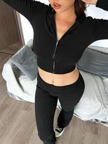 INAWLY 2pcs Women Solid Color Zip-Front Long Sleeve Top & Pants Casual Set