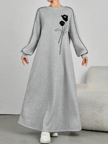 Mulvari Sukienka damska z nadrukiem kwiatowym, okrągłym dekoltem, opadającymi ramionami, długim rękawem, swobodna, w stylu arabskim, skromna