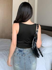 DAZY 女士纯色简约吊带背心夏季背心学院风上衣短款女士上衣 - 黑色 - 查看 8