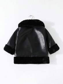 Fetă tânără Jachetă de exterior, elegantă, caldă, cu guler pufos, design cu talie strânsă, potrivită pentru petrecere, aniversare, Crăciun, eveniment de Anul Nou, piele PU neagră, toamnă/iarnă