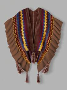 Sweetra Plus Size Boho Ethnic Style Ruched Edge Poncho Knitted Cardigan - Mocha Brown - View 1