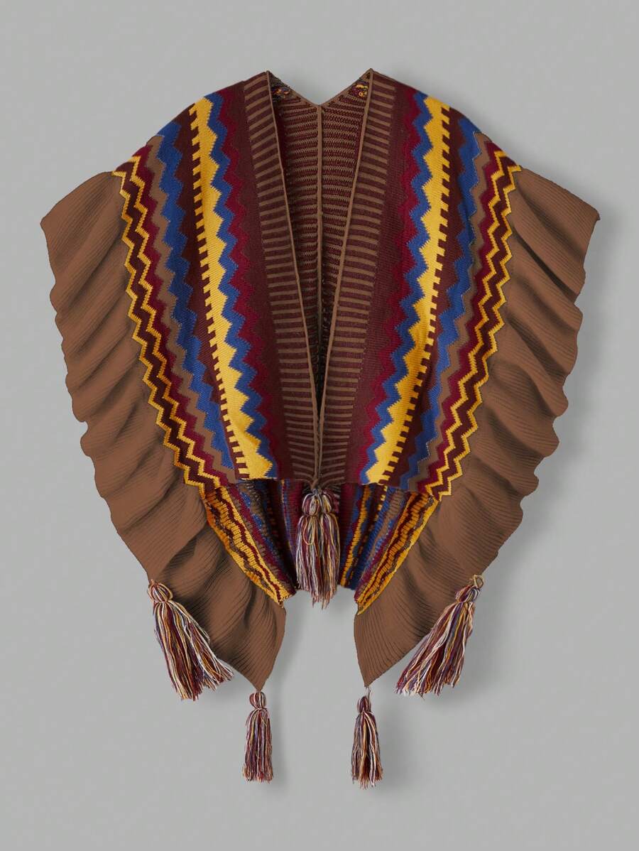 Sweetra Plus Size Boho Ethnic Style Ruched Edge Poncho Knitted Cardigan - Mocha Brown - View 1