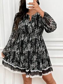 SHEIN Frenchy فستان قصير مطبوع بخصر محشور لسيدات البدناء ، فستان أنيق طويل الأكمام باللون الأسود - متعدد الألوان - مشاهدة 3