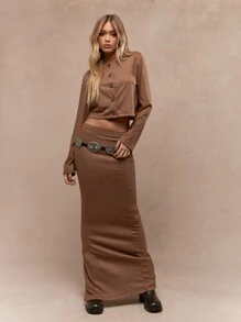 MISSGUIDED Buttoned Long Sleeves Round Neck Crop Top And Bodycon Maxi Skirt Two Piece Co-Ord Set - Brown - View 1