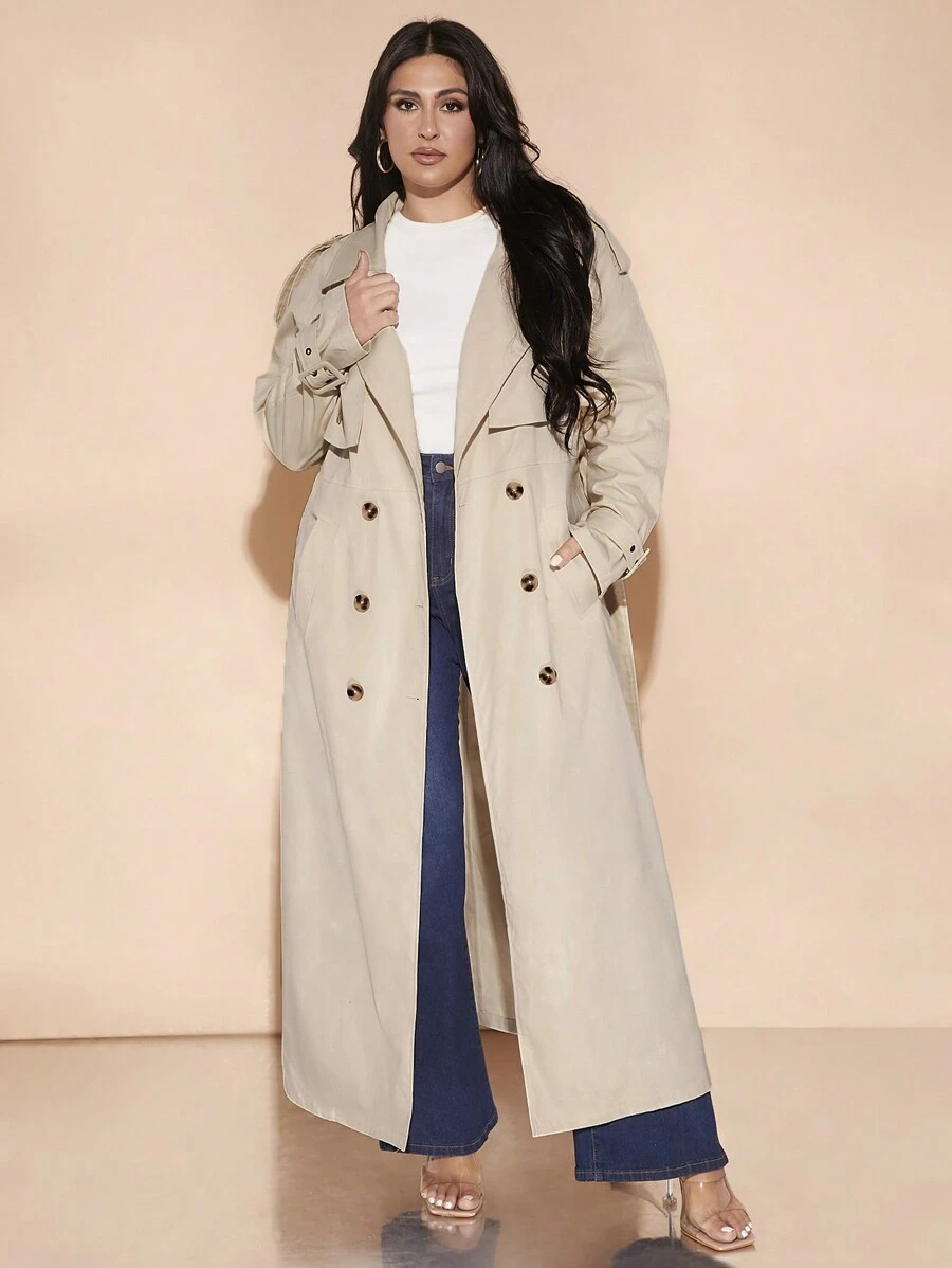 SHEIN BAE Plus Size Women's Autumn And Winter Long-Sleeved Long Lapel Solid Color Double-Breasted Trench Coat (With Belt) Elegant And Versatile Fashion Date Out