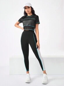 SHEIN Running Ensemble de survêtement décontracté, tenue de sport pour femmes avec Top à manches courtes col rond simple et pantalon - Multicolore - Voir 3