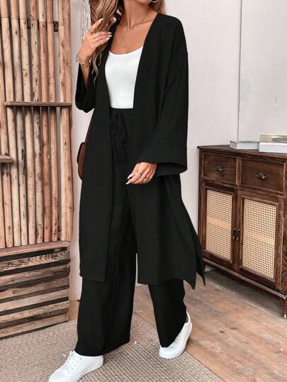 Calvaya 女士亚麻宽松长款夹克和阔腿裤两件套休闲套装，秋季