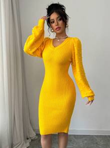 Váy len ôm tay bồng đính ngọc trai dự tiệc dành cho nữ - Màu vàng - Xem 4