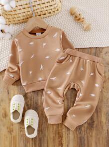 SHEIN Genkimix Kids Baby Boy Khaki Dinosaur Print Round Neck Long Sleeve Sweatshirt And Pants Casual Set, Autumn/Winter - Khaki - View 3