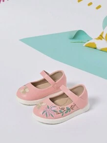 1 双女童 PU 皮革舒适可爱蝴蝶和花朵刺绣公主平底鞋，适合日常穿着 - 粉色 - 查看 5