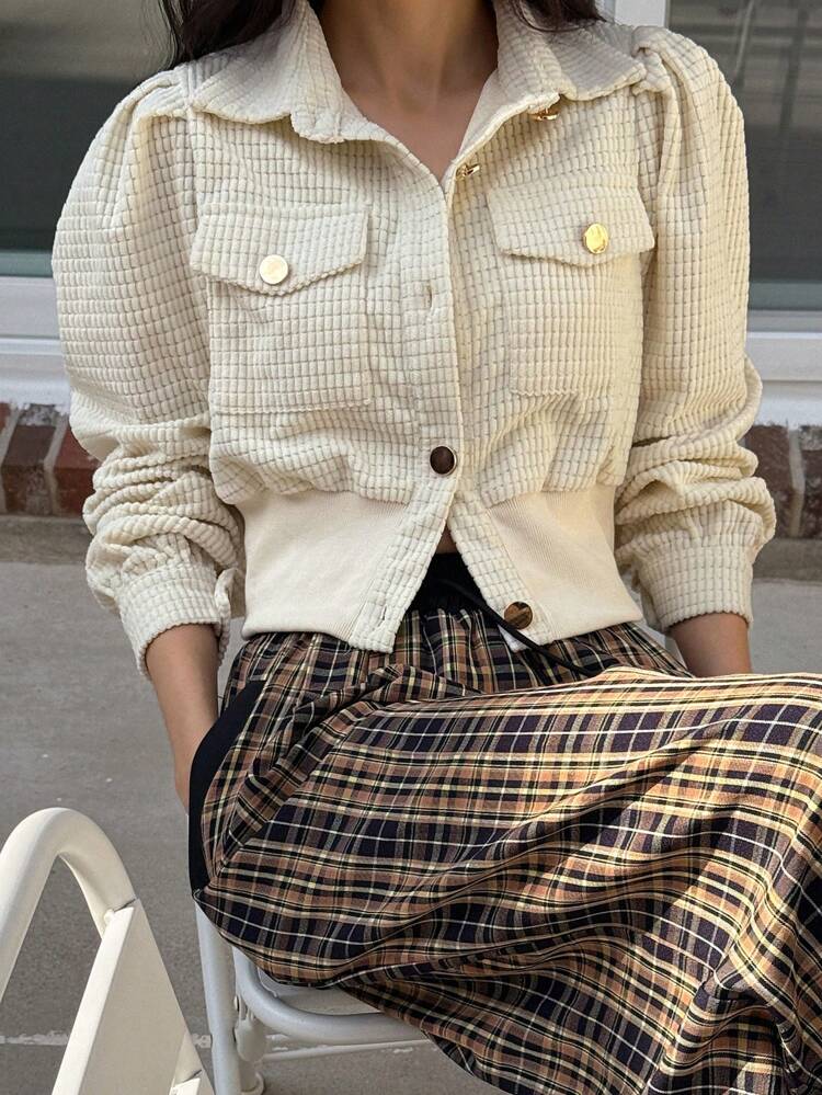 1pc Women Solid Color Fitted Long Sleeve Stand Collar Textured Fabric Short Puff Sleeve Shirt,Fall Women Clothes