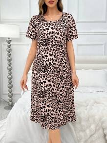 Camisón midi de manga corta y ajuste holgado con estampado de leopardo para mujeres, Moo Moo - Multicolor - Ver 3