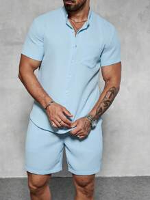 Manfinity CasualCool 2pcs Men's Simple Solid Textured Short Sleeve Shirt And Shorts Set, Casual