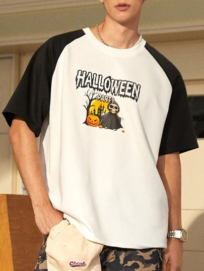 Manfinity Sport Corelite Boyfriend Style Men's Color Block Cartoon Letter Print Active T-Shirt For Halloween
