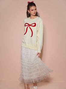 Enchnt Autumn Sweater, Round Neck Bow Pattern,Cute Red And White Long Sleeve Tops,Loose School Style Oversized Comfortable Christmas & Thanksgiving - Apricot - View 11