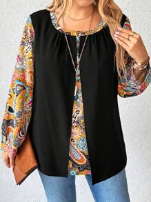 Plus Size Solid Color Block Round Neck Long Sleeve Simple Casual Shirt, Random Print - Black - View 5
