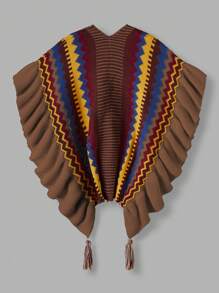 Sweetra Plus Size Boho Ethnic Style Ruched Edge Poncho Knitted Cardigan - Mocha Brown - View 2