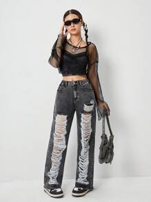 Y2K Streetwear Distressed Ripped Acid Wash Teenage Girls Denim Jeans - Grey - View 7