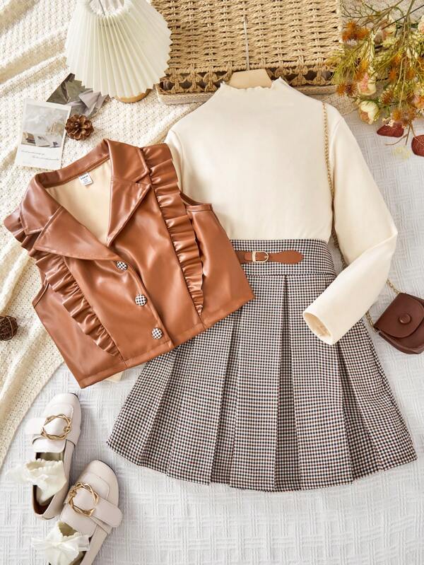 Conjunto de 3 piezas para niñas preadolescentes - Chaleco mínimo de unicolor con botones delanteros, blusa de manga larga y falda, atuendo casual