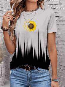 EMERY ROSE 休闲简约向日葵印花圆领短袖宽松女式 T 恤，适合夏季 - 白色 - 查看 2