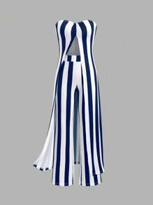 Flirla Women Stripe Ruched Bandeau Crop Top And Pants Set (Random Cut)