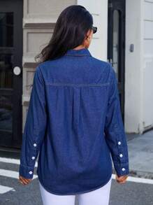 SHEIN Essnce 时尚休闲女式牛仔套衫 - 深色水洗藍 - 查看 2