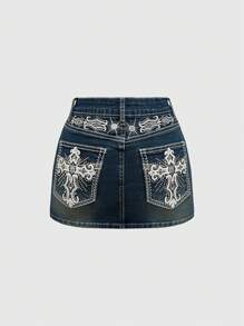 ROMWE Grunge Punk Y2K 复古风格短款紧身迷你裙，带有十字架和翅膀刺绣细节，包括紧身裤