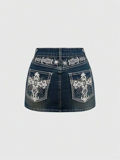 Grunge Punk Y2K Vintage Style Crop Top Tight Mini Skirt With Cross & Wing Embroidery Detail, Includes Leggings