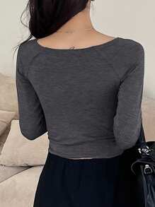 DAZY 女式纯色荷叶边拼接长袖休闲 T 恤，秋季 - 深灰色 - 查看 2