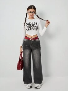 SHEIN Y2K 街头时尚宽松腰部洗水黑灰色牛仔裤，适合少女 - 黑色 - 查看 4